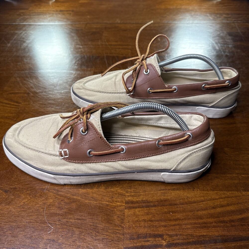 Polo Ralph Lauren Boat Shoes Mens 10.5 D Rylander Beige Canvas Leather Lace Up